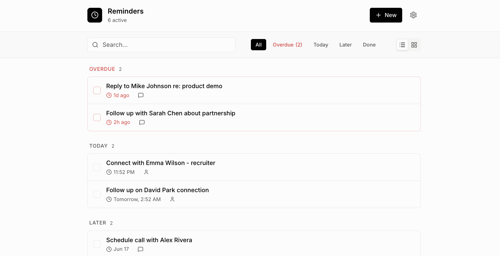 List of LinkedIn reminders with overdue and today sections