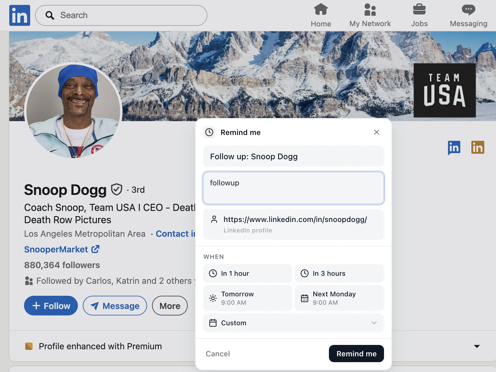 Remind me popup attached to a LinkedIn conversation