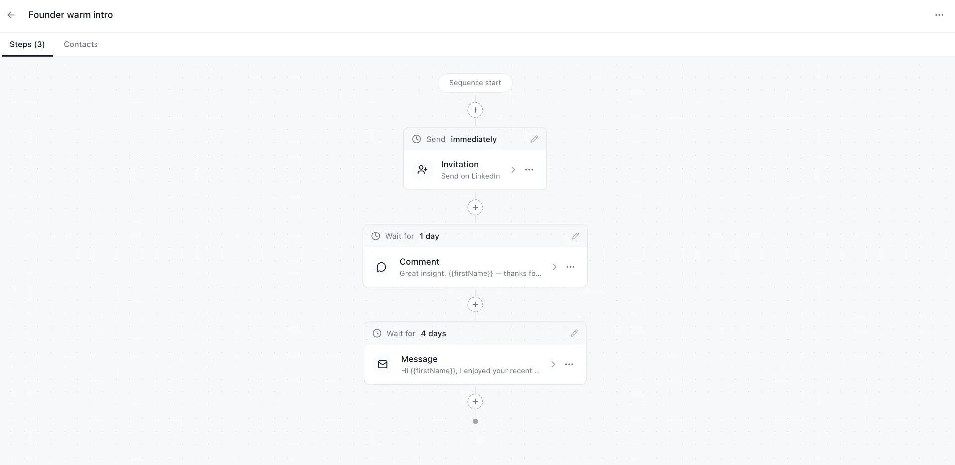 Sequence builder with invitation, comment, and message steps