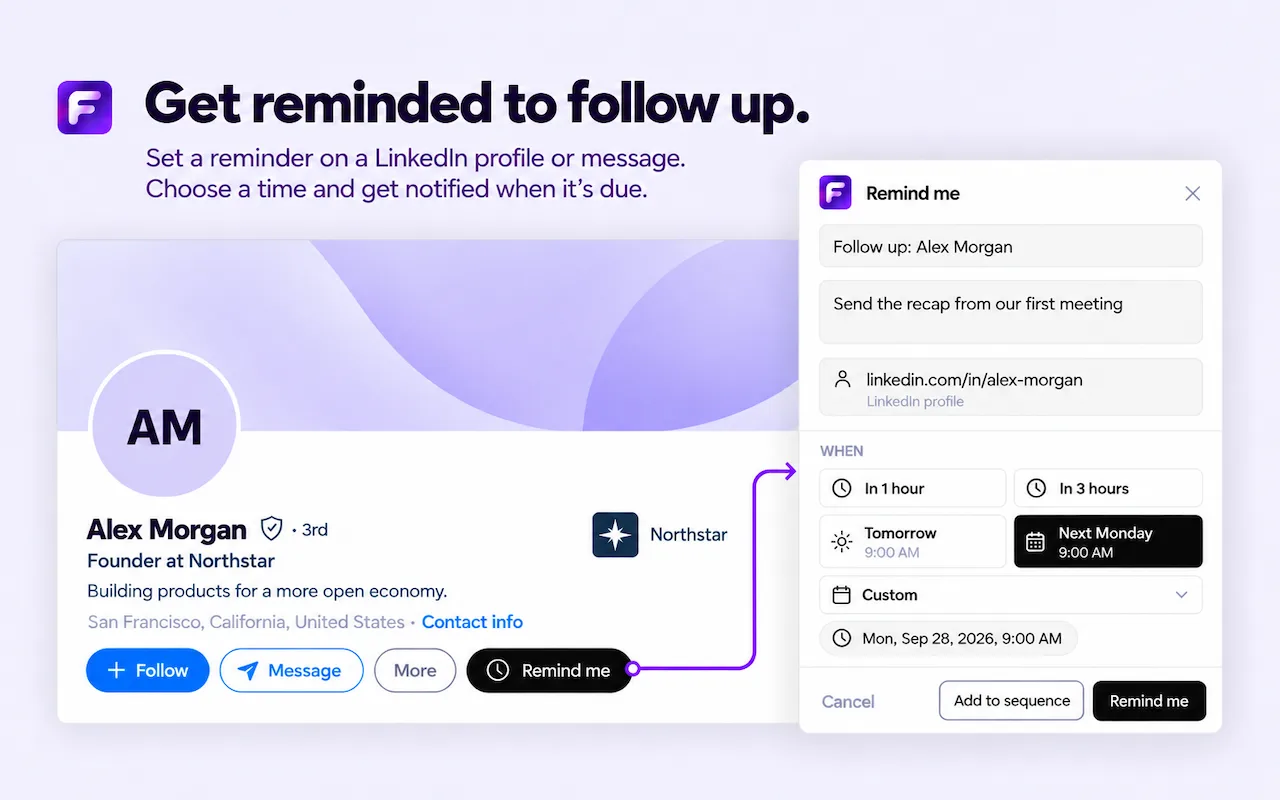 LinkedIn profile with the LinkedIn Reminders popup open, scheduling a follow-up